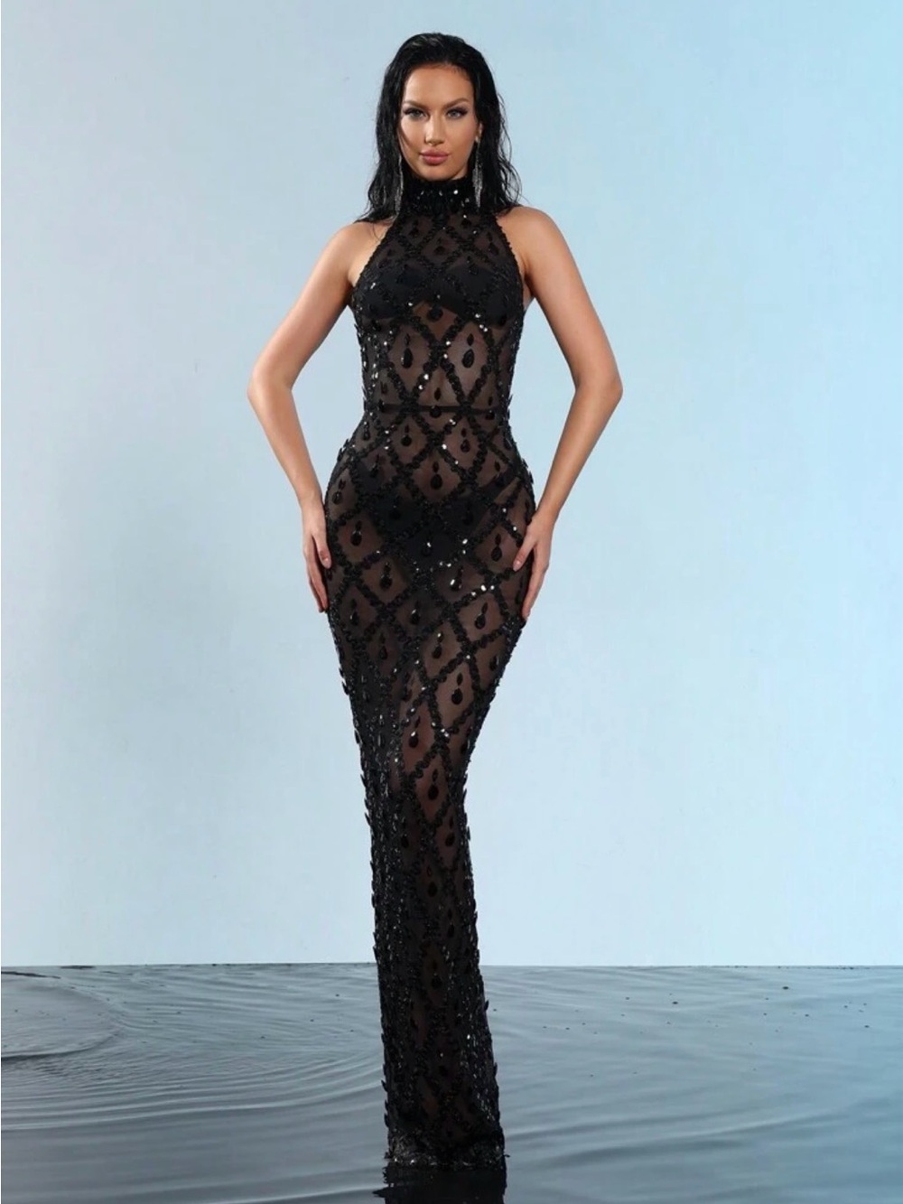 Stunning Halter Full Beaded Sheer Dress small